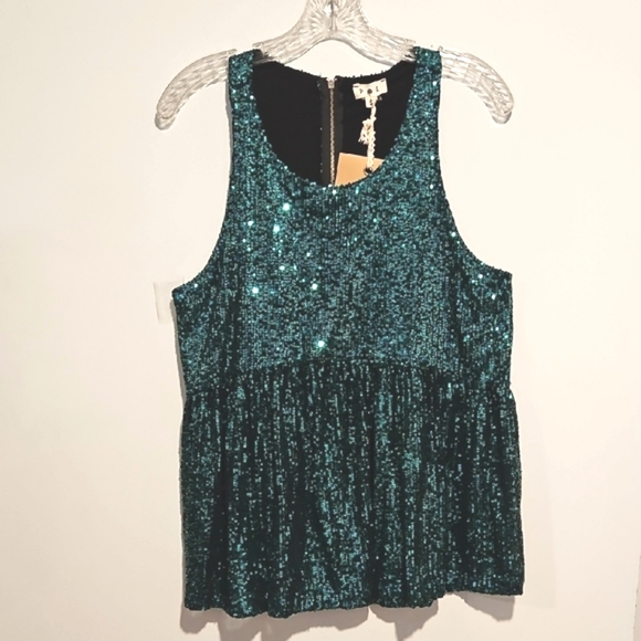 POL green sequin sleeveless Baby Doll tank top smock Small - Picture 2 of 9